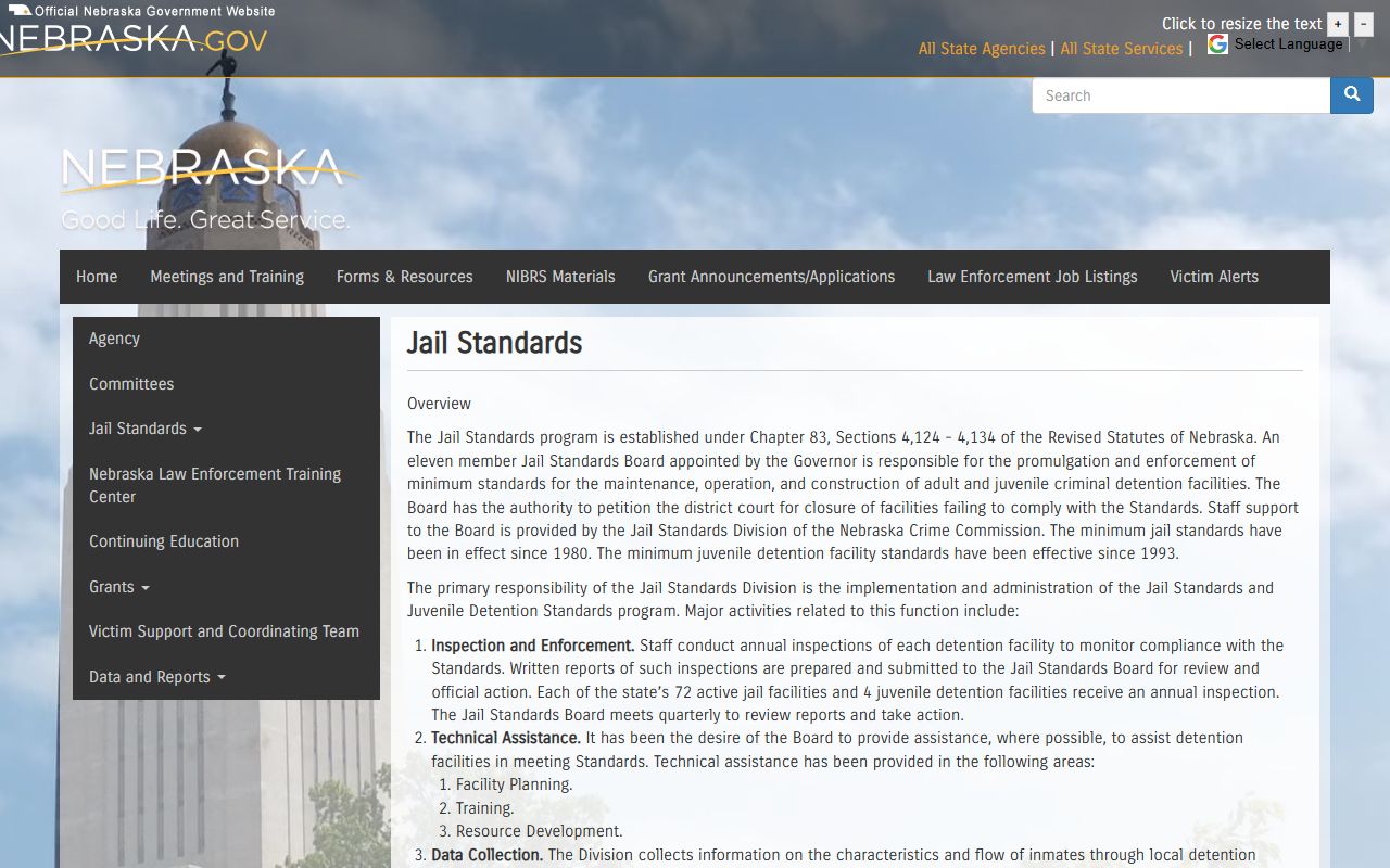 Rock County Jail inmate population Nebraska jail standards source